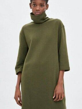 ZARA Trafaluc Olive Green Turtleneck 3/4 Sleeve Oversized Sweatshirt Dress M